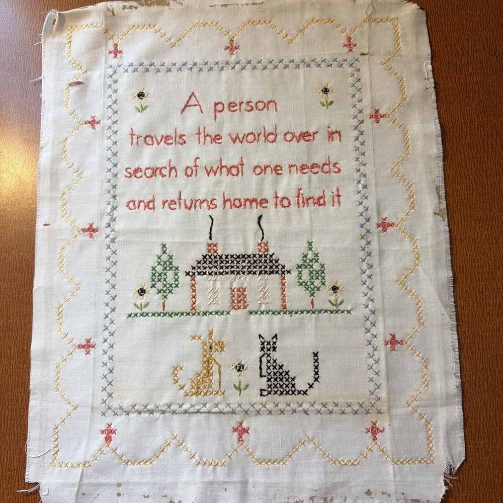 VTG 1960 Motto Travel Home Cross Stitch Framed Dog Cat 12X14 Cottagecore Country